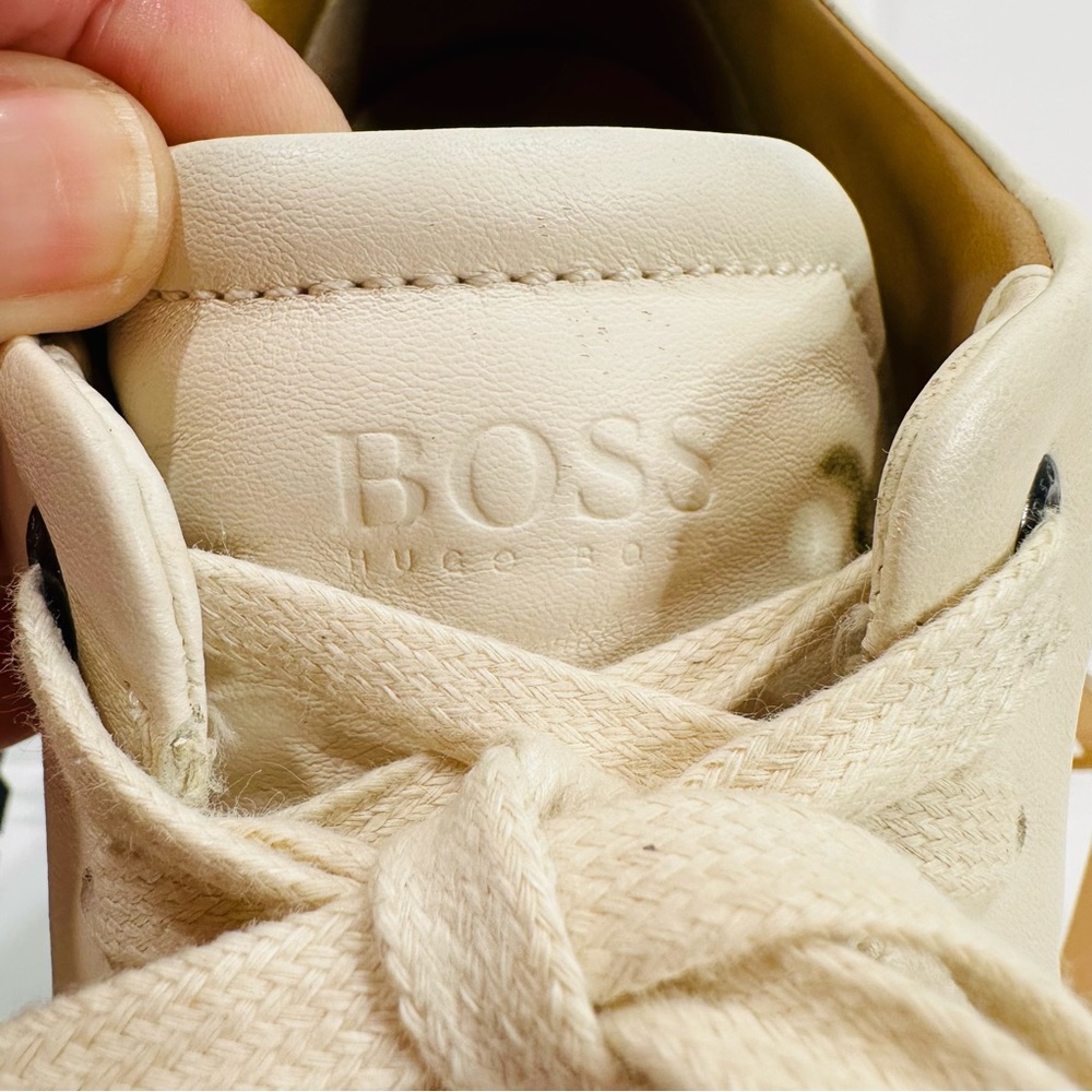 HUGO BOSS MENS BURNISH ITALIAN LEATHER SIZE 8 CREAM LOW TOP TRAINERS SNEAKERS - Picture 5 of 13